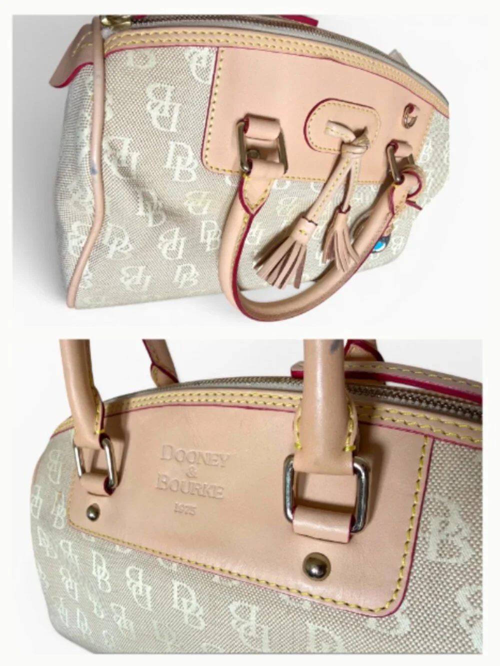 Dooney & Bourke Beige DB Monogram Canvas Bowler Satchel Leather Tassel Charm Bag
